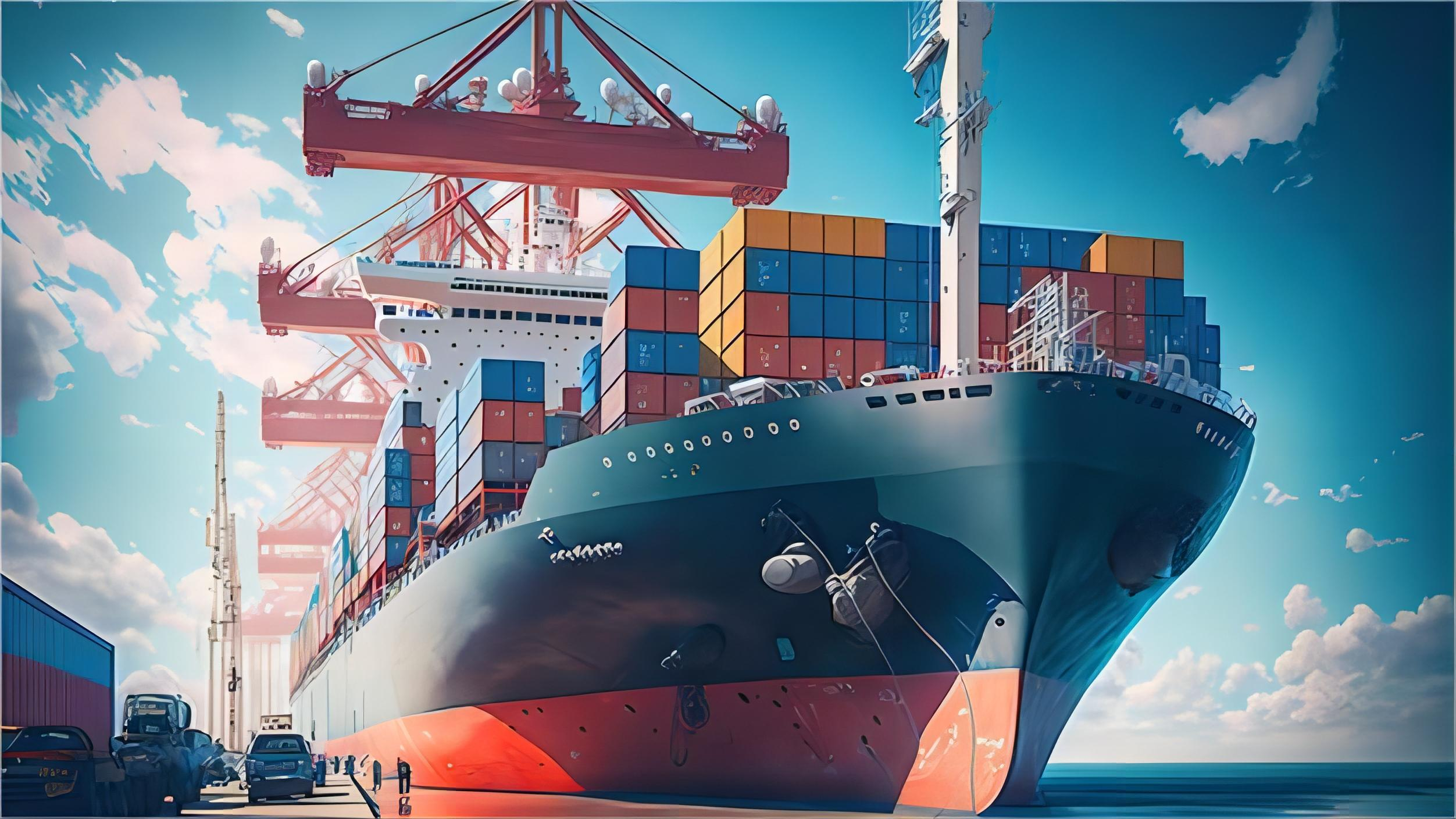 Container ship at a busy port representing affordable sea freight from China to Europe