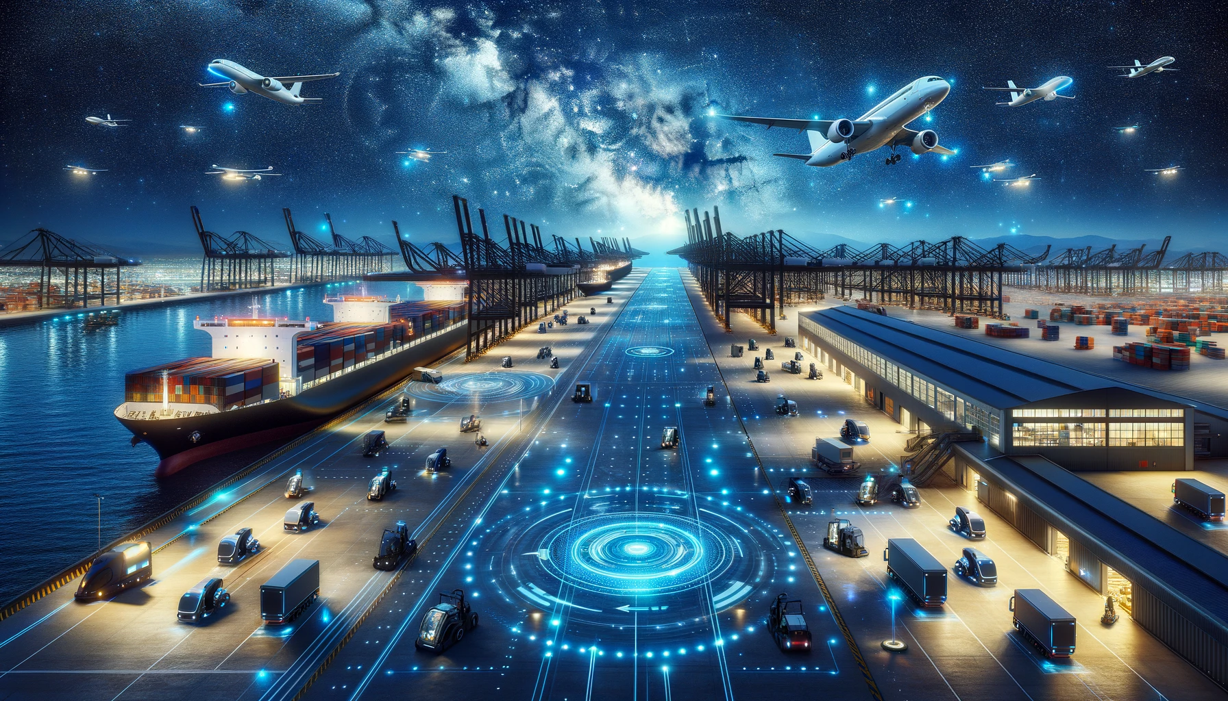 Modern cargo ship with digital tracking overlays in a busy port